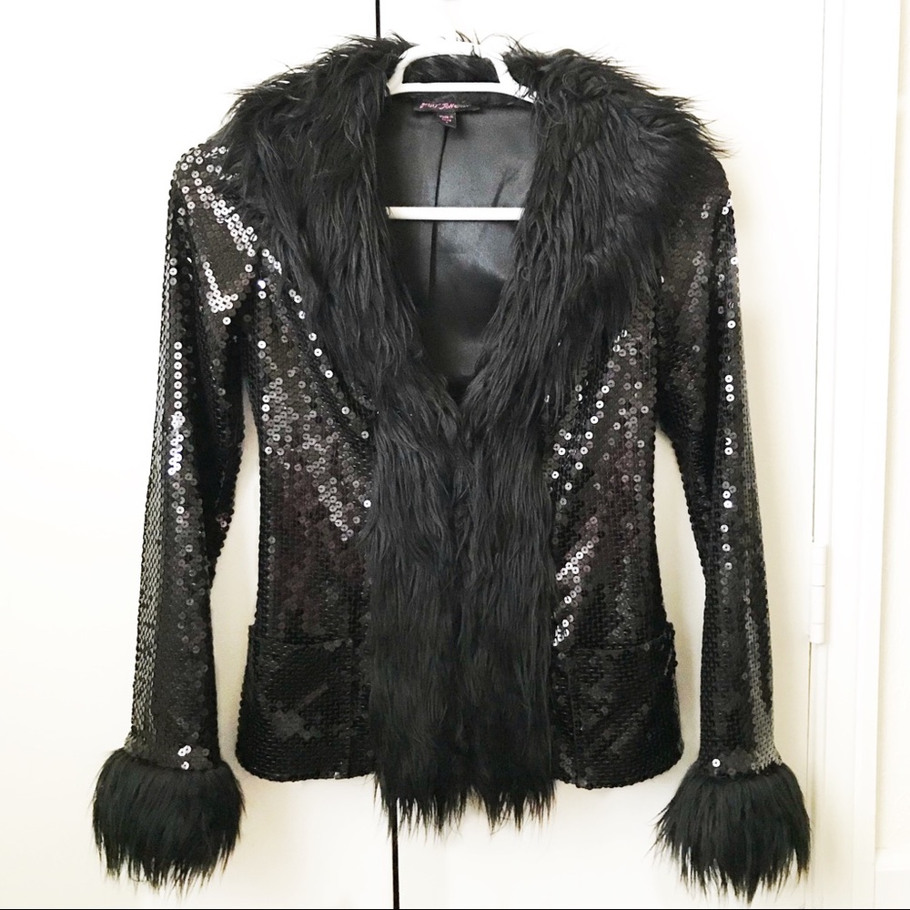 Betsey Johnson Black Sequin Fur Jacket